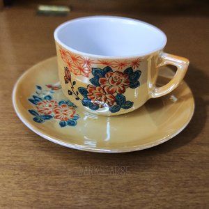 Vintage Betson's Handpainted Orange Floral Lusterware Demitasse Teacup & Saucer